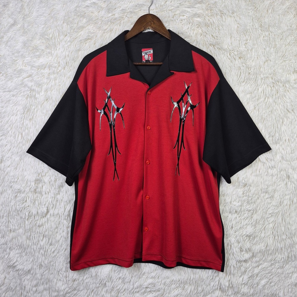 Tonic Clothing BC Ethic Mens XL Red Black Tribal Bowling Shirt  USA‎ Made